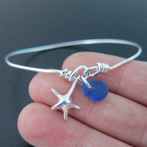 Image of Sterling Silver Genuine Sea Glass and Starfish Bangle Bracelet-FrostedWillow