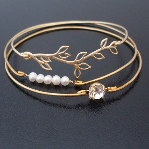 Image of Bridal Bracelet Set with Branch, Cultured Freshwater Pearls & Diamond Rhinestone-FrostedWillow