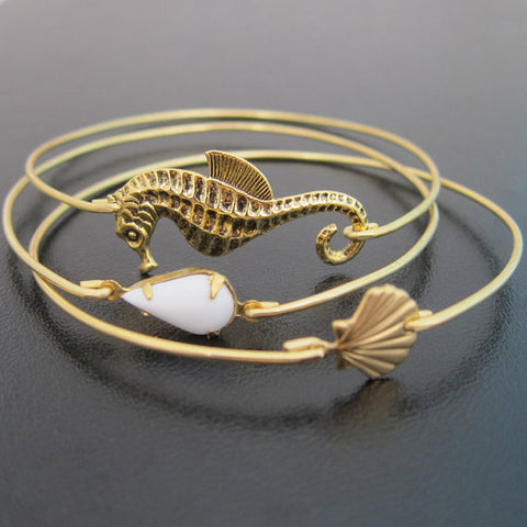 Image of Sea Shell & Sea Horse Beach Bracelet Set-FrostedWillow