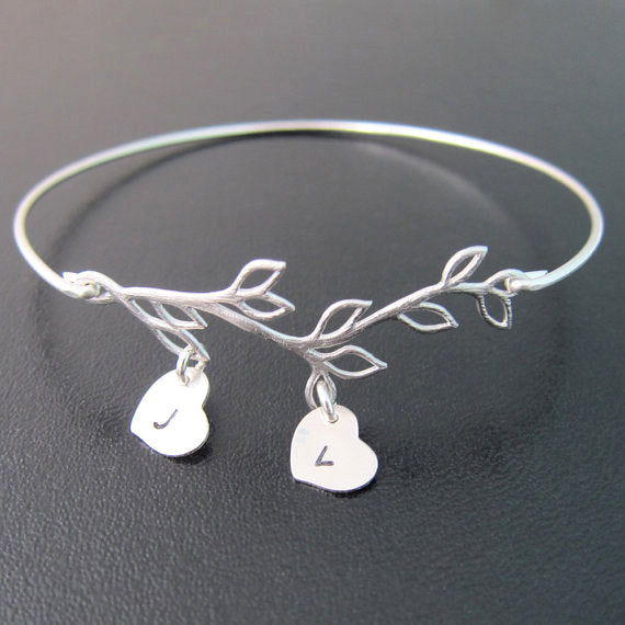 Personalized Family Tree Bracelet with Hand Stamped Initial Heart Charms-FrostedWillow