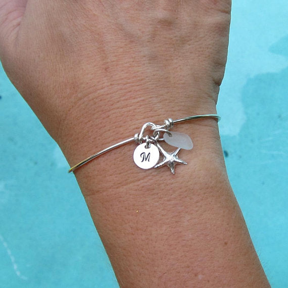 Sterling Silver Genuine Sea Glass and Starfish Bangle Bracelet-FrostedWillow