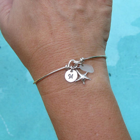 Authentic Sterling Silver Sea Glass and Starfish Bangle Bracelet-FrostedWillow