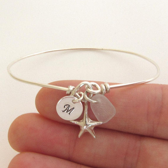 Personalized Sterling Silver Sea Glass and Starfish Bangle Bracelet-FrostedWillow