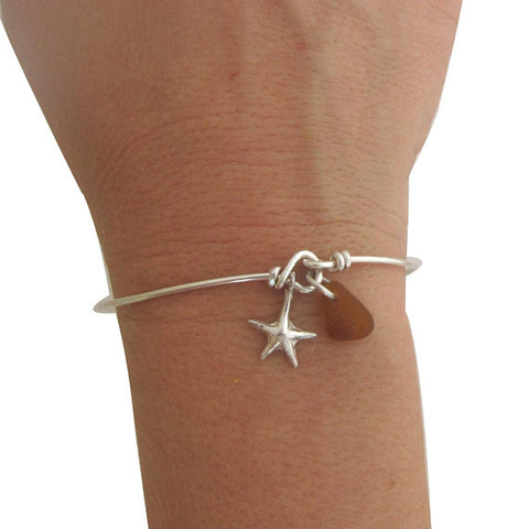 Image of Sterling Silver Genuine Sea Glass and Starfish Bangle Bracelet-FrostedWillow