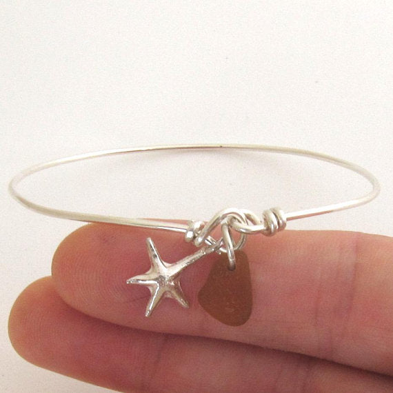 Sterling Silver Genuine Sea Glass and Starfish Bangle Bracelet-FrostedWillow