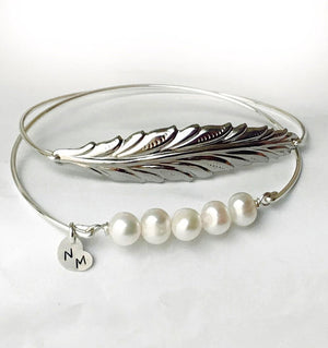 Maid of Honor Leaf & Cultured Freshwater Pearl Bangle Bracelet Set-FrostedWillow