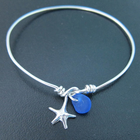 Image of Authentic Sterling Silver Sea Glass and Starfish Bangle Bracelet-FrostedWillow