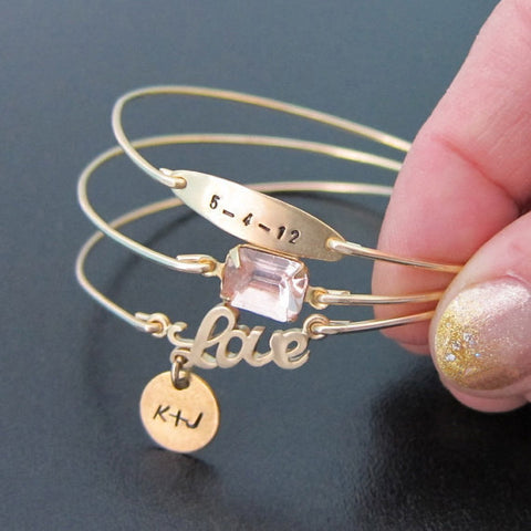 Image of Personalized Bridal Love Bangle Bracelet Set-FrostedWillow