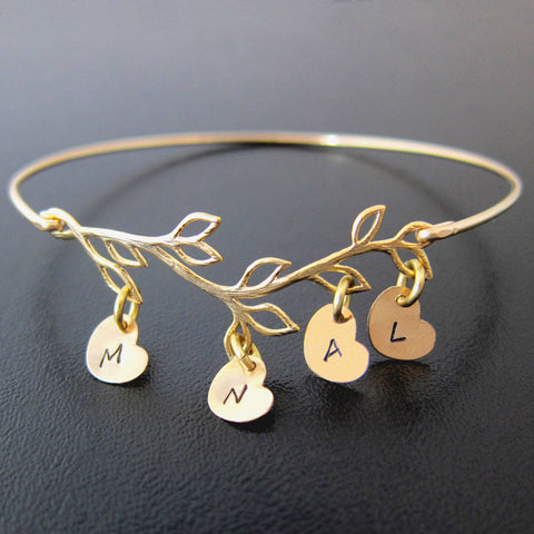 Image of Personalized Family Tree Bracelet with Hand Stamped Initial Heart Charms-FrostedWillow