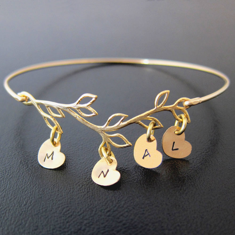 Personalized Family Tree Bracelet with Initial Heart Charms-FrostedWillow
