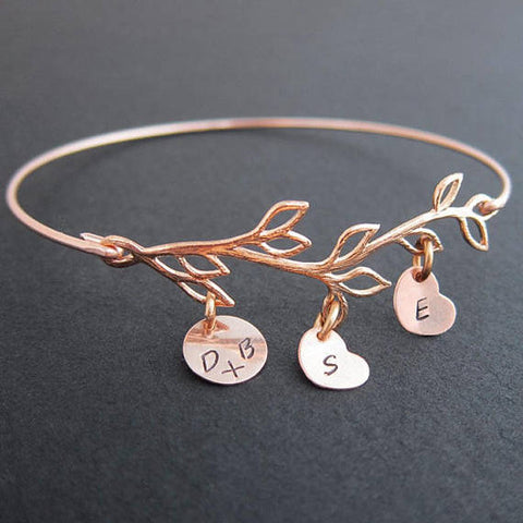 Image of Family Tree Bracelet for Mom with Hand Stamped Initial Heart Charms-FrostedWillow
