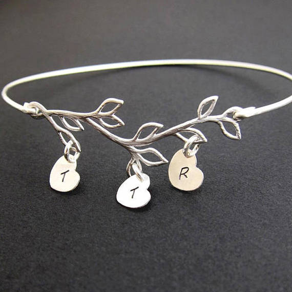 Personalized Family Tree Bracelet with Hand Stamped Initial Heart Charms-FrostedWillow