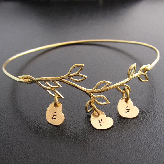 Custom Family Tree Bracelet with Hand Stamped Initial Heart Charms-FrostedWillow