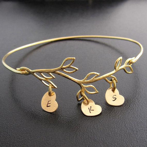 Image of Custom Family Tree Bracelet with Hand Stamped Initial Heart Charms-FrostedWillow