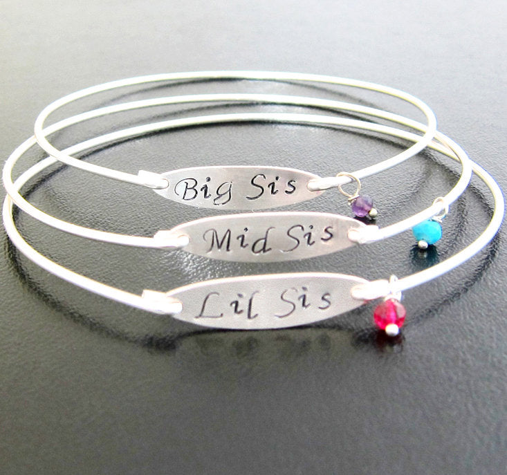 3 Hand Stamped Sisters Charm Bracelets with Birthstones-FrostedWillow