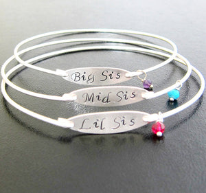 3 Hand Stamped Sisters Charm Bracelets with Birthstones