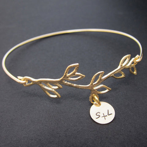 Image of Personalized Initial Round Charm on Olive Branch Bracelet-FrostedWillow