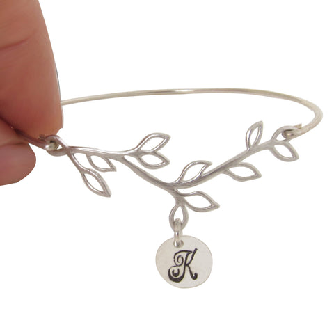 Image of Olive Branch Initial Bracelet with Cursive Font-FrostedWillow