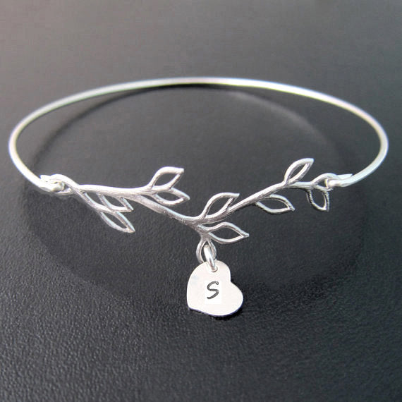 Personalized Initial Round Charm on Olive Branch Bracelet-FrostedWillow