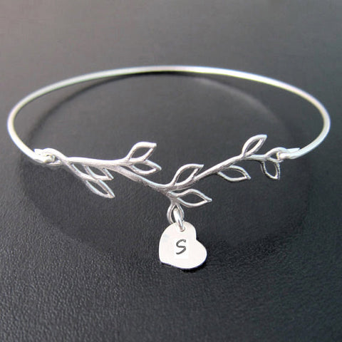 Olive Branch Bracelet with Hand Stamped Couples Initials-FrostedWillow
