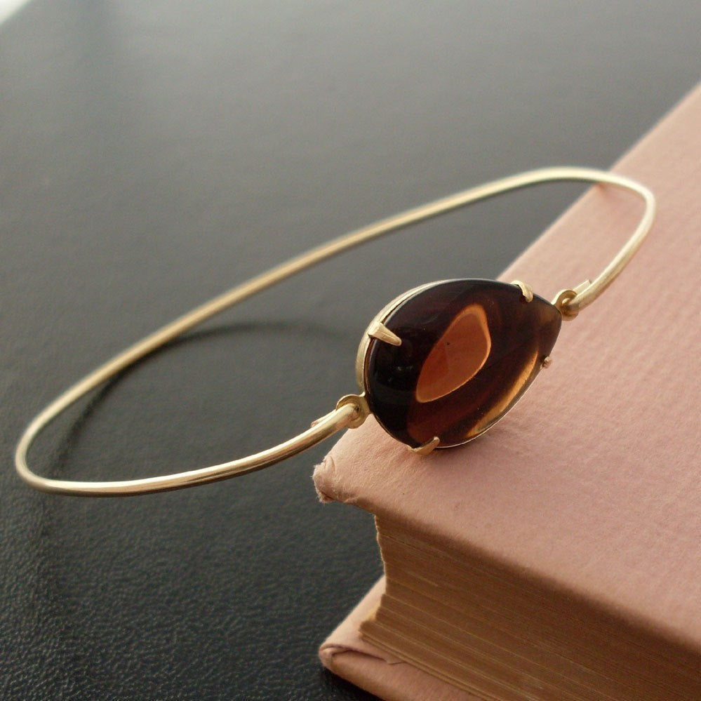 Amber Brown Glass Stone Bangle Bracelet-FrostedWillow