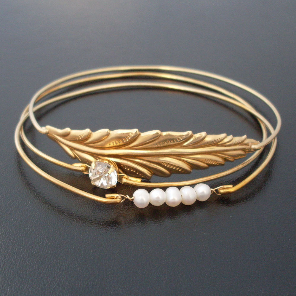 Leaf & Cultured Freshwater Pearl Elegant Wedding Bracelet Set-FrostedWillow