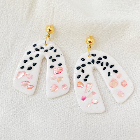 Image of Pink Mother of Pearl Earrings White Lightweight Polymer Clay Earrings Long Large Gold Plated Black  Dangles