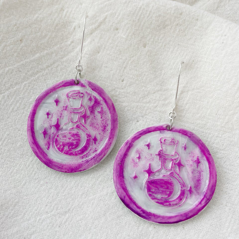 Image of Fushia Pink Magic Potion Lightweight Polymer Clay Earrings Long Large Silver Dangles Wax Stamp Seal