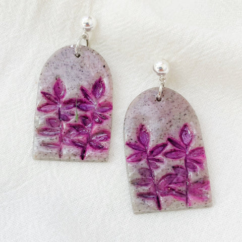 Image of Purple Leaves Lightweight Polymer Clay Earrings Long Large Silver Dangles on Gray faux Stone