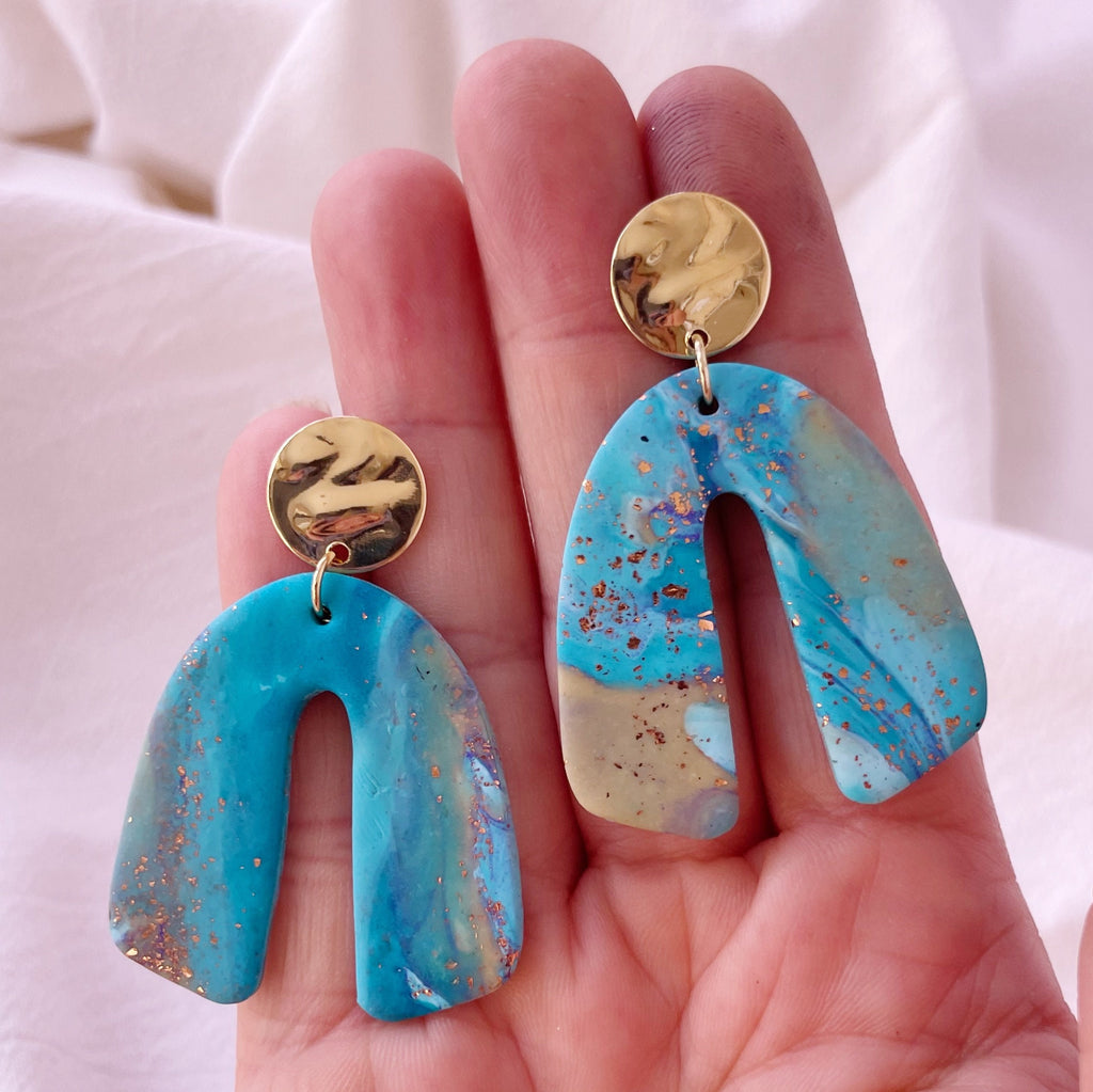 Arch Turquoise Water Earrings, U shaped Post Dangles, Polymer Clay Sea Themed, Beachy Jewelry, Blue Eye-Catching Earrings, Gift for Her