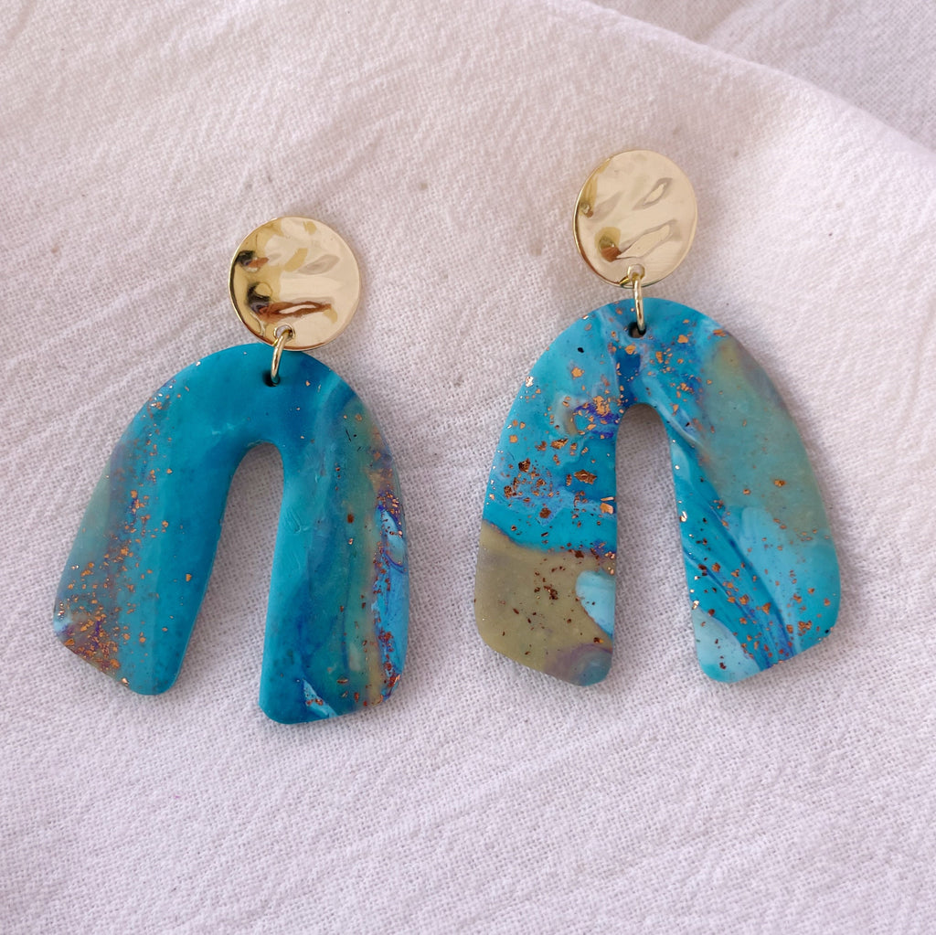 Arch Turquoise Water Earrings, U shaped Post Dangles, Polymer Clay Sea Themed, Beachy Jewelry, Blue Eye-Catching Earrings, Gift for Her