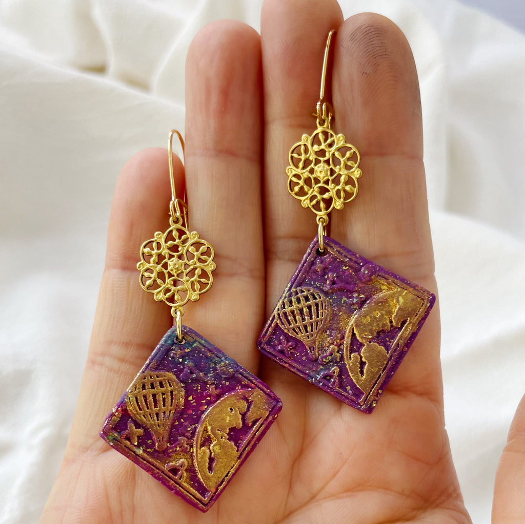 80 Days around the world Lightweight Polymer Clay Earrings Purple Gold Dangles Wax Stamp Seal