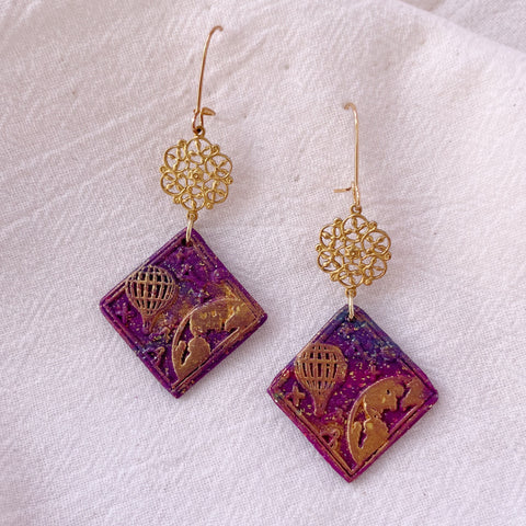 Image of 80 Days around the world Lightweight Polymer Clay Earrings Purple Gold Dangles Wax Stamp Seal