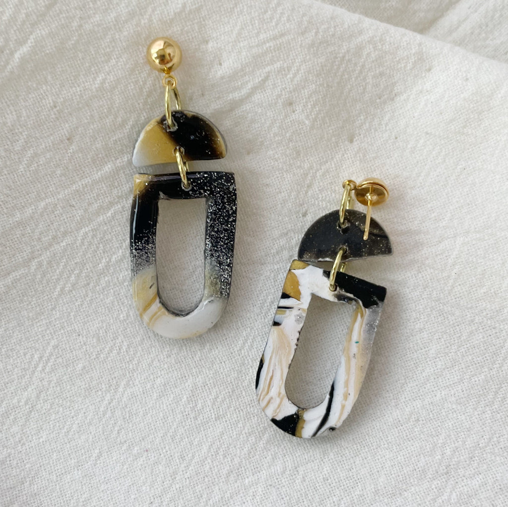 Mukami Gane Lightweight Polymer Clay Earrings Black and Gold Dangles
