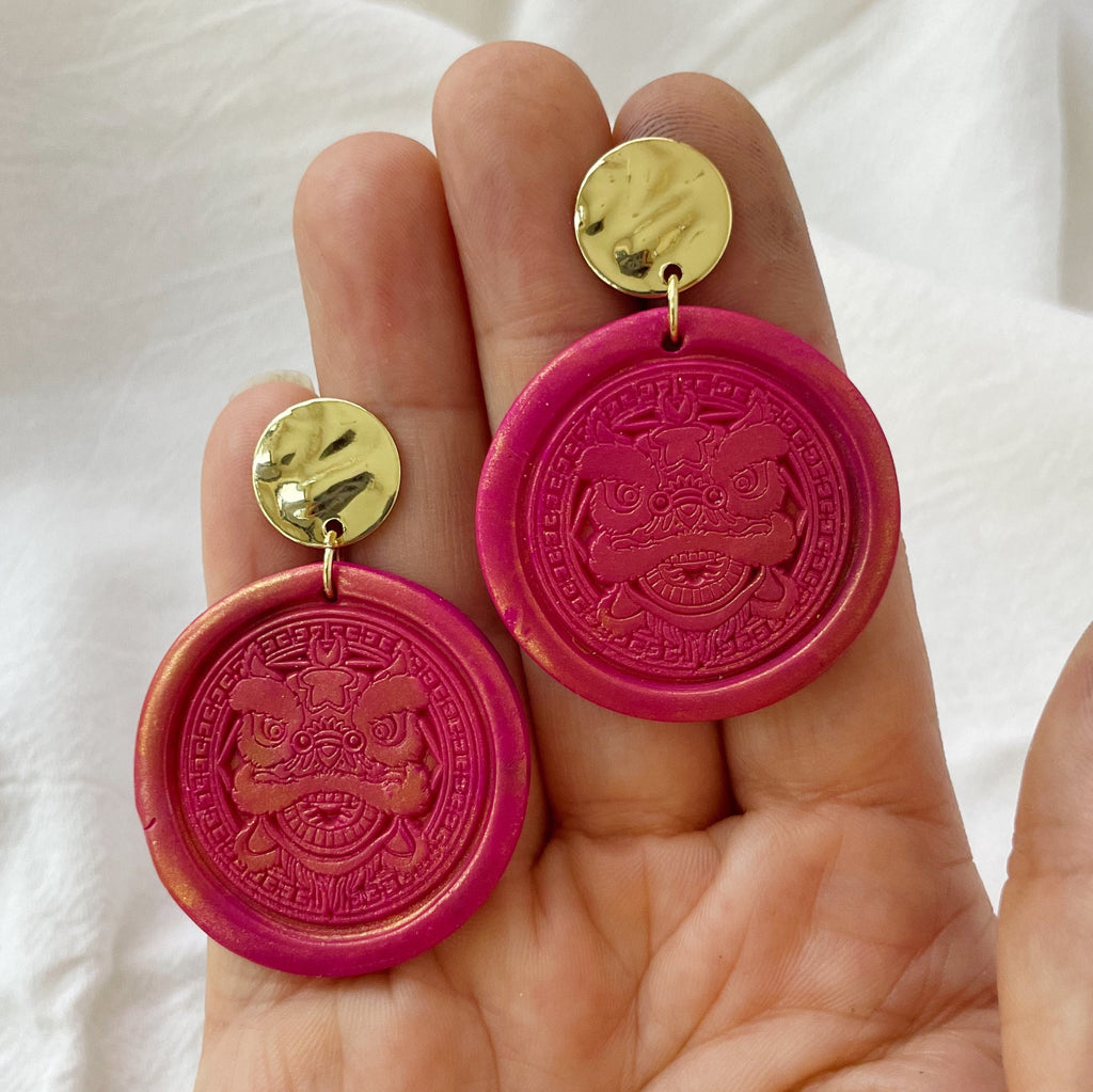 Chinese Dragon Lightweight Polymer Clay Earrings Red and Gold Dangles Wax Stamp Seal