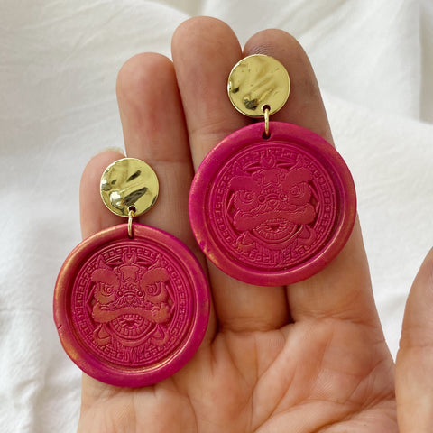 Image of Chinese Dragon Lightweight Polymer Clay Earrings Red and Gold Dangles Wax Stamp Seal