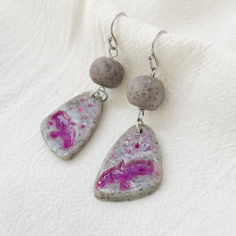 Image of Purple Birds Lightweight Polymer Clay Earrings Long Large Silver Dangles on Gray faux Stone