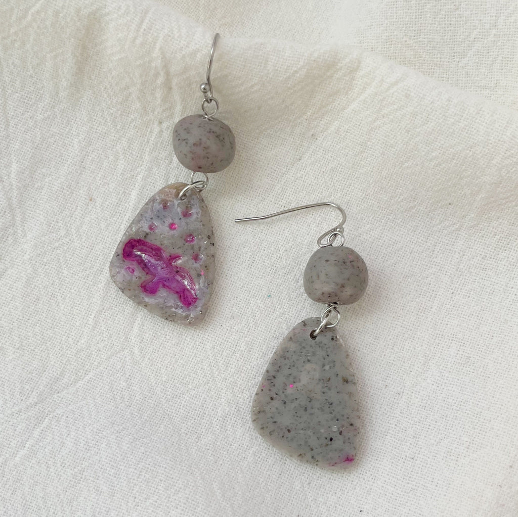 Purple Birds Lightweight Polymer Clay Earrings Long Large Silver Dangles on Gray faux Stone