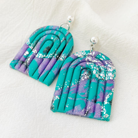 Image of Purple and Green Rainbow Earrings Silver Speckles Lightweight Polymer Clay Earrings Long Large Dangles