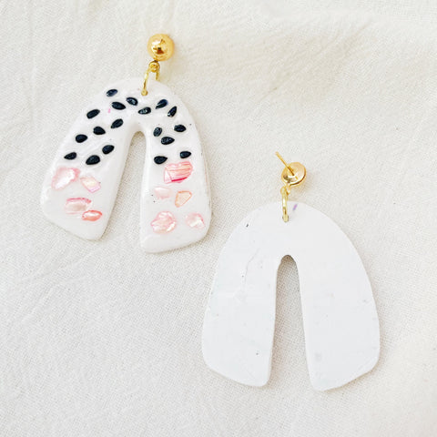 Image of Pink Mother of Pearl Earrings White Lightweight Polymer Clay Earrings Long Large Gold Plated Black  Dangles