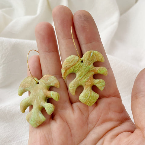 Image of Green Monstera Leaf Earrings Faux Marble Lightweight Polymer Clay Earrings Long Large Hoop Gold Plated Dangles