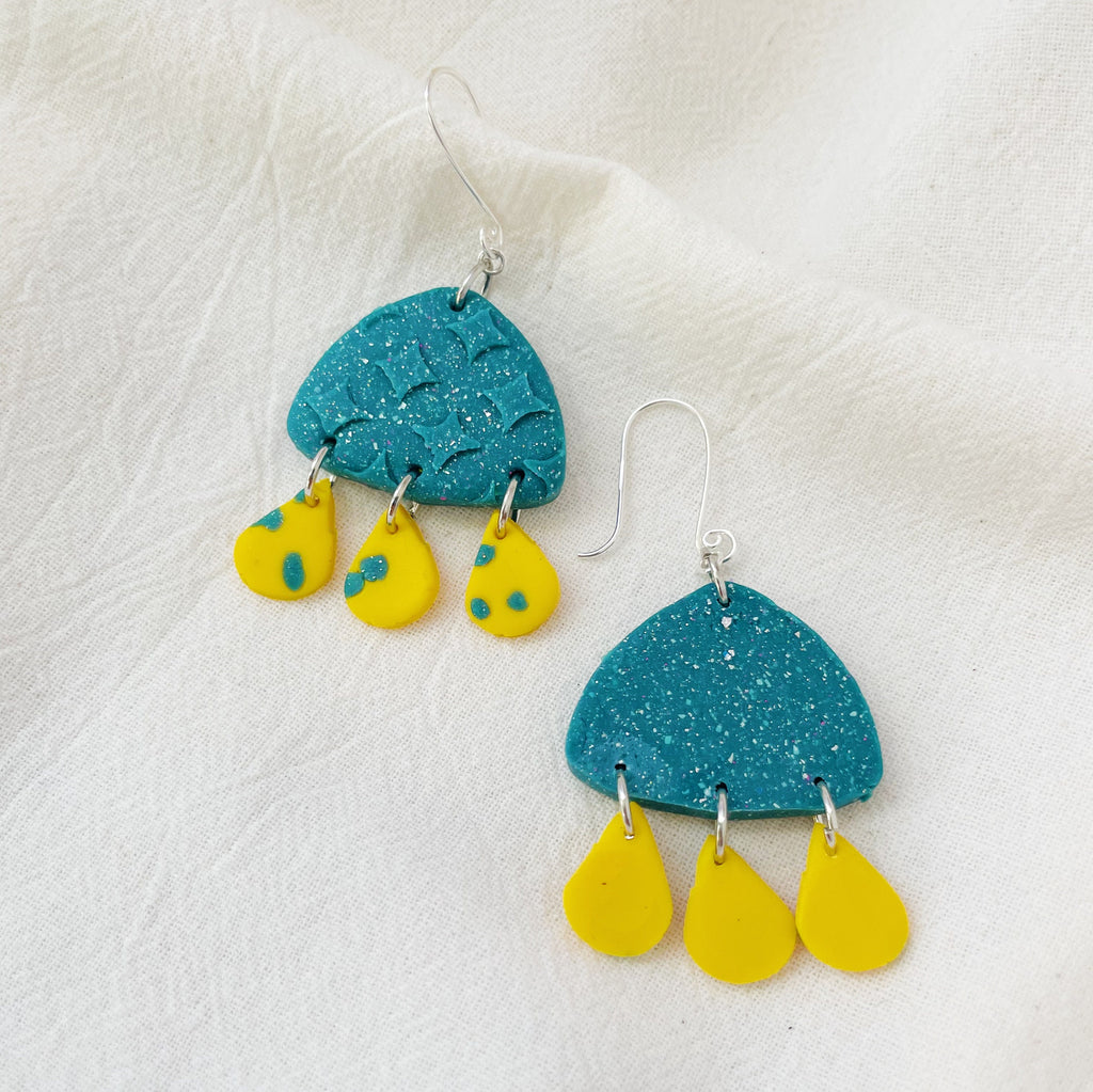 Yellow Raindrops Lightweight Polymer Clay Earrings Silver Dangles