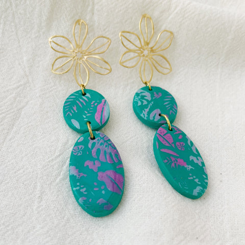 Image of Green Flower Lightweight Polymer Clay Earrings Long Large Dangles
