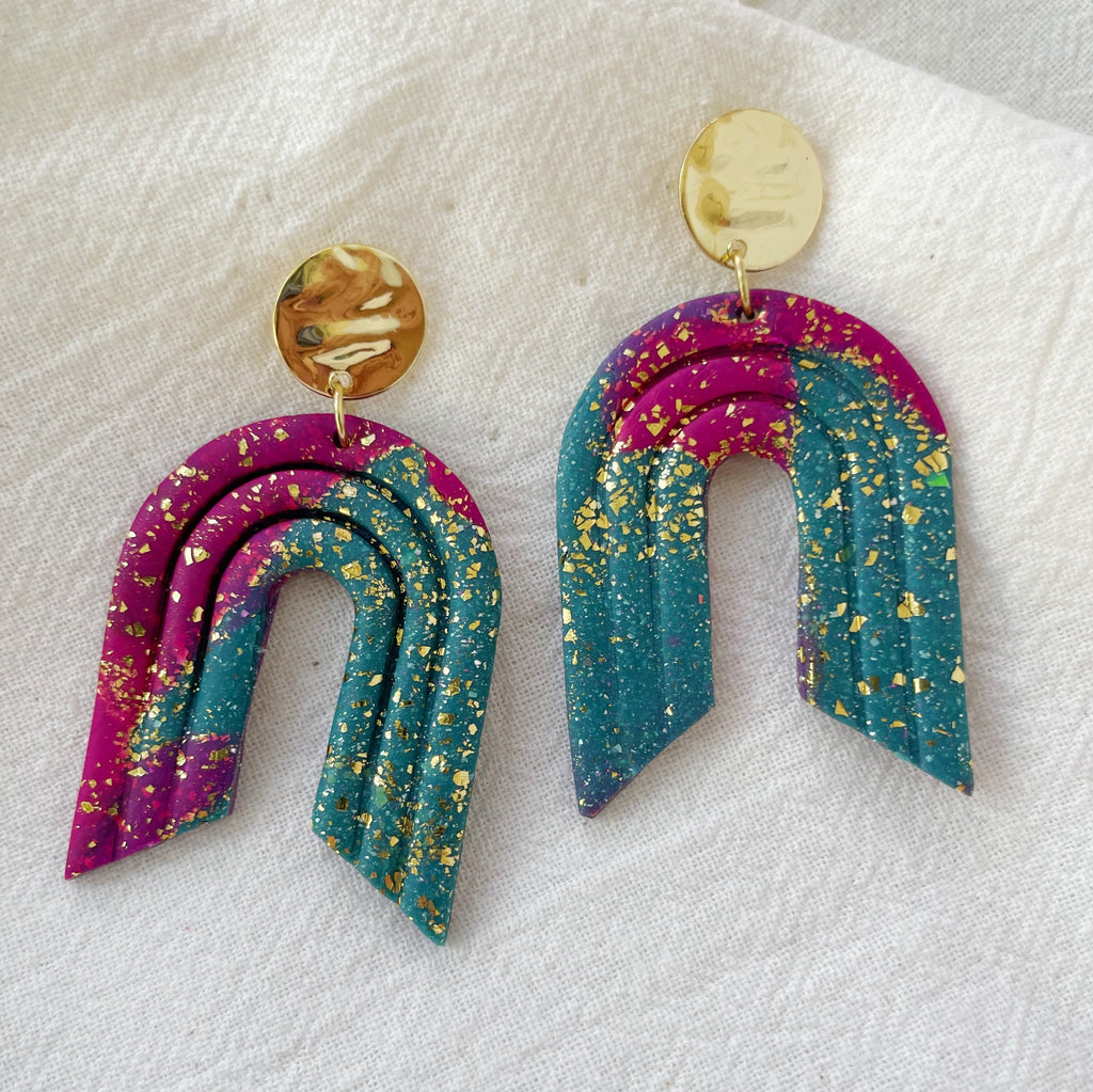 Fushia and Blue Arches Lightweight Polymer Clay Earrings Gold Post Dangles
