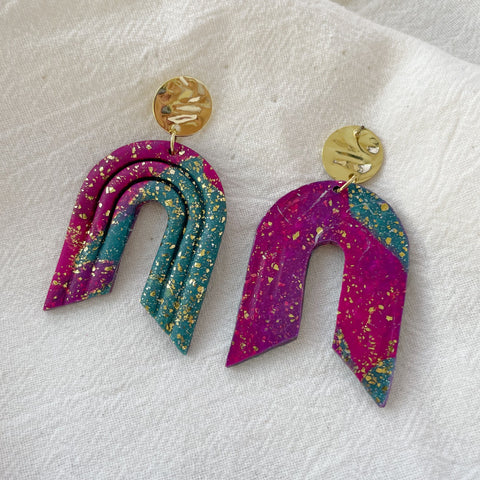 Image of Fushia and Blue Arches Lightweight Polymer Clay Earrings Gold Post Dangles