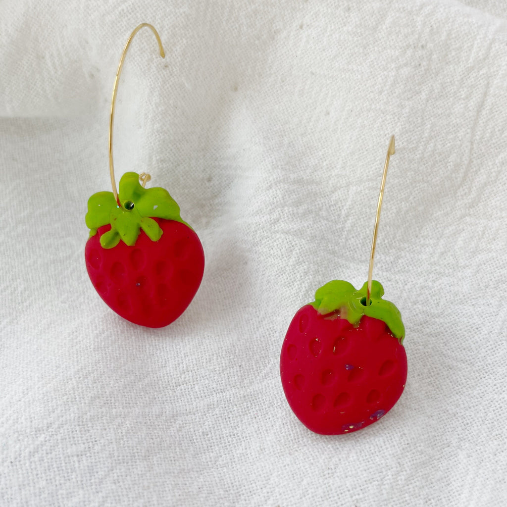 Red Strawberry Lightweight Polymer Clay Earrings Gold Hoop Dangles
