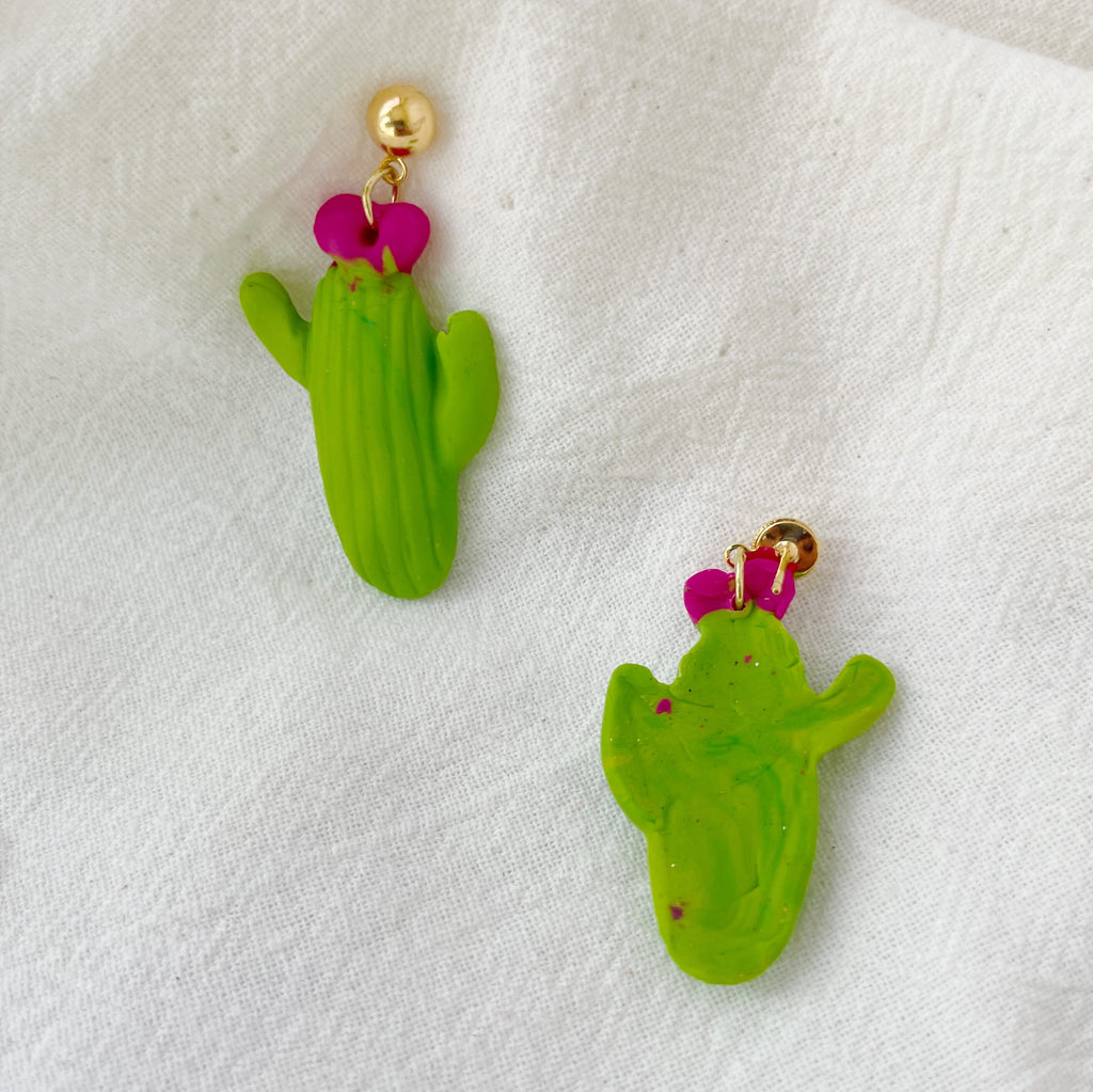 Green Cactus Polymer Clay Earrings Gold Dangles Pink Flower Gold Dangles Succulent