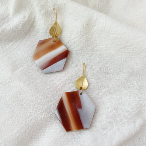 Image of Faux Tortoise Shell Lightweight Polymer Clay Earrings Brown White Hexagon Gold Dangles