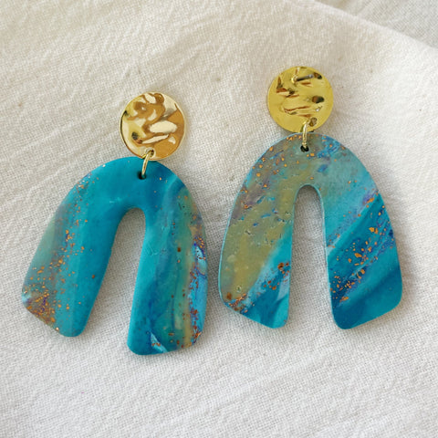 Image of Arch Turquoise Water Earrings, U shaped Post Dangles, Polymer Clay Sea Themed, Beachy Jewelry, Blue Eye-Catching Earrings, Gift for Her