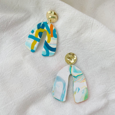 Image of Colorful Confetti Earrings Lightweight Polymer Clay Earrings Yellow Blue Gold Dangles